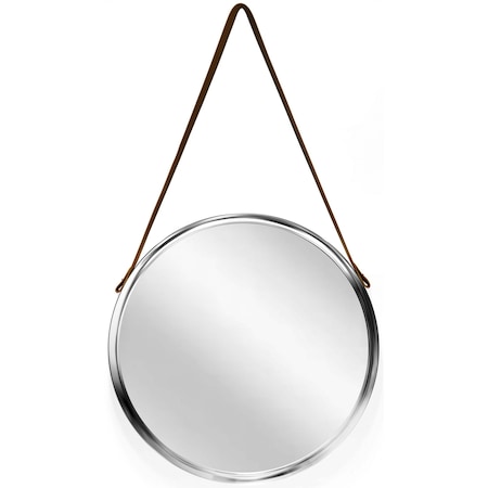 Infinity Instruments Decorative Silver Mirror - 17 in Silver Frame Wall Mirror with Faux Leather Hanging Strap 20085CM